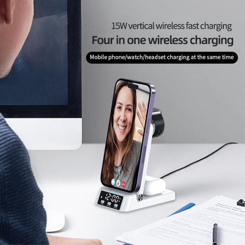A60 – (4-in-1) 15W Wireless Charger Folding Cell Phone Charging Stand (For Apple Watch Version)