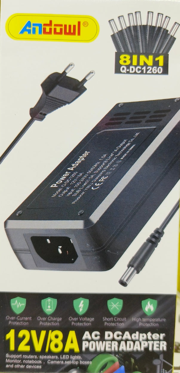 Andowl Q-DC1260 Universal Power Supply 12V 8A with 8-plug octopus